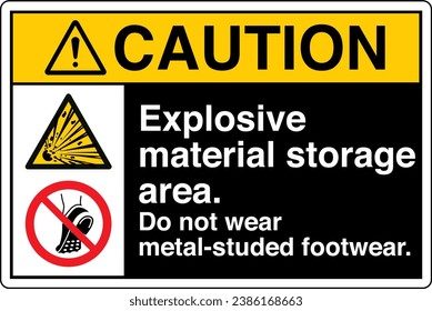 ANSI Z535 Safety Sign Marking Label Symbol Pictogram Standards Two Symbols Caution Explosive material storage area Do not wear metal studded footwear black.