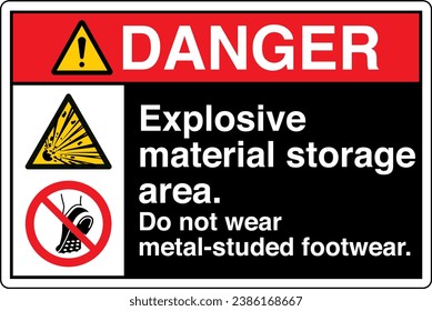 ANSI Z535 Safety Sign Marking Label Symbol Pictogram Standards Two Symbols Danger Explosive material storage area Do not wear metal studded footwear black.