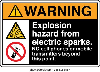 ANSI Z535 Safety Sign Marking Label Symbol Pictogram Standards Two Symbols Warning Explosion hazard from electric sparks NO cell phones black.