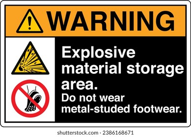 ANSI Z535 Safety Sign Marking Label Symbol Pictogram Standards Two Symbols Warning Explosive material storage area Do not wear metal studded footwear black.