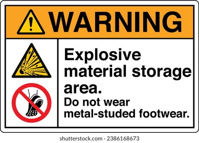 ANSI Z535 Safety Sign Marking Label Symbol Pictogram Standards Two Symbols Warning Explosive material storage area Do not wear metal studded footwear white.