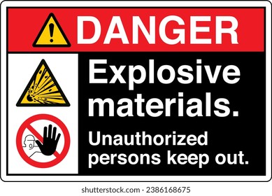 ANSI Z535 Safety Sign Marking Label Symbol Pictogram Standards Two Symbols Danger Explosive materials Unauthorized persons keep out black.