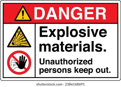 ANSI Z535 Safety Sign Marking Label Symbol Pictogram Standards Two Symbols Danger Explosive materials Unauthorized persons keep out white.