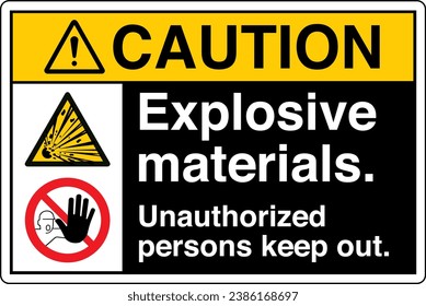 ANSI Z535 Safety Sign Marking Label Symbol Pictogram Standards Two Symbols Caution Explosive materials Unauthorized persons keep out black.