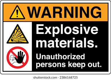 ANSI Z535 Safety Sign Marking Label Symbol Pictogram Standards Two Symbols Warning Explosive materials Unauthorized persons keep out black.