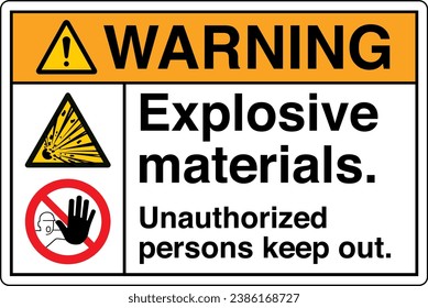 ANSI Z535 Safety Sign Marking Label Symbol Pictogram Standards Two Symbols Warning Explosive materials Unauthorized persons keep out white.