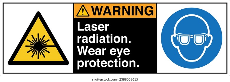 ANSI Z535 Safety Sign Marking Label Symbol Pictogram Standards Warning Laser radiation Wear eye protection two symbol with text landscape black 02.