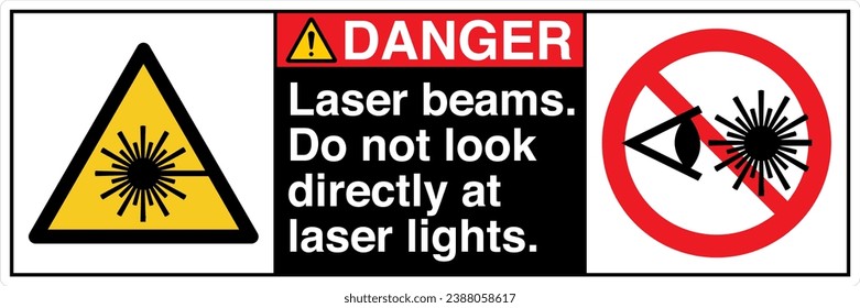 ANSI Z535 Safety Sign Marking Label Symbol Pictogram Standards Danger Laser beams Do not look directly at laser lights two symbol with text landscape black 02.