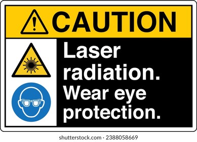 ANSI Z535 Safety Sign Marking Label Symbol Pictogram Standards Caution Laser radiation Wear eye protection two symbol with text landscape black.