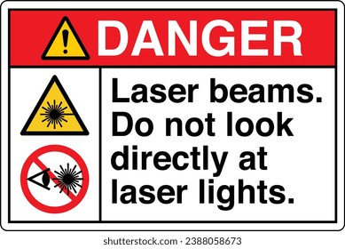 ANSI Z535 Safety Sign Marking Label Symbol Pictogram Standards Danger Laser beams Do not look directly at laser lights two symbol with text landscape white.