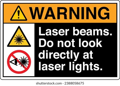 ANSI Z535 Safety Sign Marking Label Symbol Pictogram Standards Warning Laser beams Do not look directly at laser lights two symbol with text landscape black.