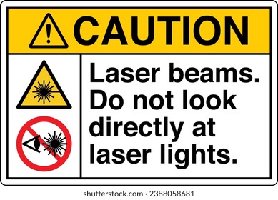 ANSI Z535 Safety Sign Marking Label Symbol Pictogram Standards Caution Laser beams Do not look directly at laser lights two symbol with text landscape white.