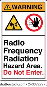 ANSI Z535 Safety Sign Marking Label Symbol Pictogram Standards Warning Radio Frequency Radiation Hazard Area Do Not Enter two symbol with text portrait white