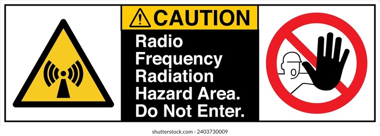 ANSI Z535 Safety Sign Marking Label Symbol Pictogram Standards Caution Radio Frequency Radiation Hazard Area Do Not Enter two symbol with text landscape black 02