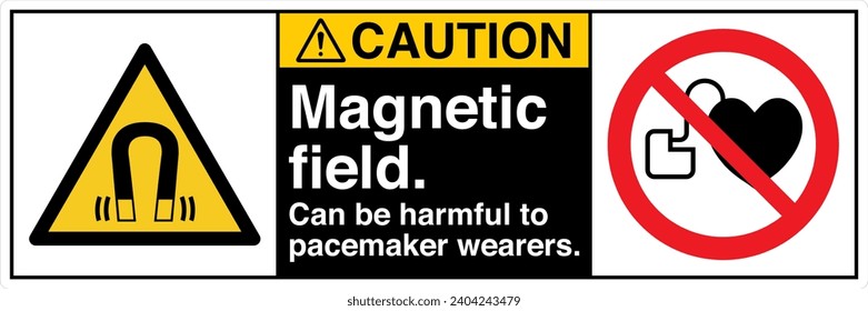 ANSI Z535 Safety Sign Marking Label Symbol Pictogram Standards Caution Magnetic field can be harmful to pacemaker wearers two symbol with text landscape black 02