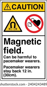 ANSI Z535 Safety Sign Marking Label Symbol Pictogram Standards Caution Magnetic field can be harmful to pacemaker wearers pacemaker wearers stay back 12 in with text portrait white