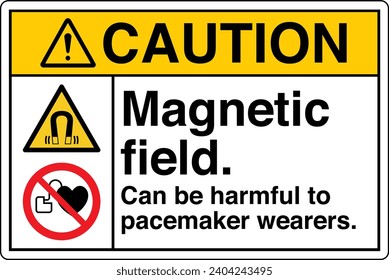 ANSI Z535 Safety Sign Marking Label Symbol Pictogram Standards Caution Magnetic field can be harmful to pacemaker wearers two symbol with text landscape white