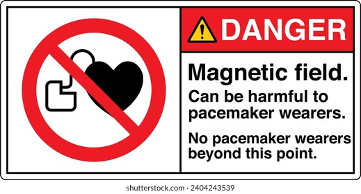 ANSI Z535 Safety Sign Marking Label Symbol Pictogram Standards Danger Magnetic field can be harmful to pacemaker wearers No pacemaker wearers beyond this point with text landscape white 02