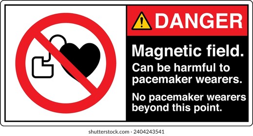 ANSI Z535 Safety Sign Marking Label Symbol Pictogram Standards Danger Magnetic field can be harmful to pacemaker wearers No pacemaker wearers beyond this point with text landscape black 02