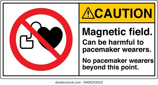 ANSI Z535 Safety Sign Marking Label Symbol Pictogram Standards Caution Magnetic field can be harmful to pacemaker wearers No pacemaker wearers beyond this point with text landscape white 02