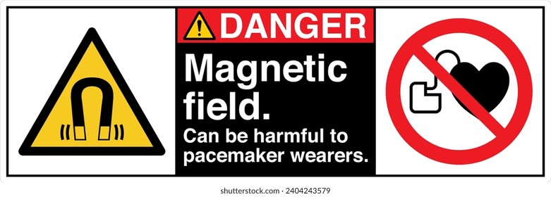 ANSI Z535 Safety Sign Marking Label Symbol Pictogram Standards Danger Magnetic field can be harmful to pacemaker wearers two symbol with text landscape black 02