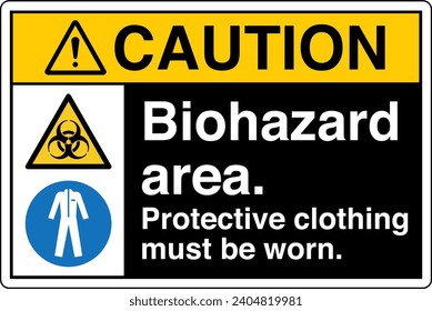 ANSI Z535 Safety Sign Marking Label Symbol Pictogram Standards Caution Biohazard area protective clothing must be worn two symbol with text landscape black
