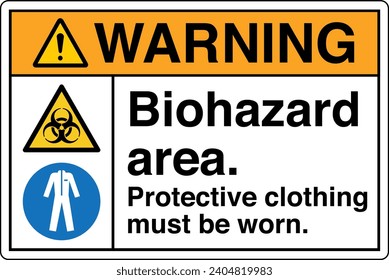 ANSI Z535 Safety Sign Marking Label Symbol Pictogram Standards Warning Biohazard area protective clothing must be worn two symbol with text landscape white