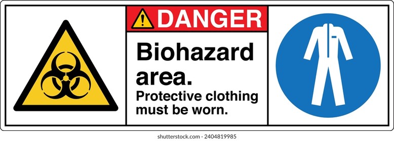 ANSI Z535 Safety Sign Marking Label Symbol Pictogram Standards Danger Biohazard area protective clothing must be worn two symbol with text landscape white 02
