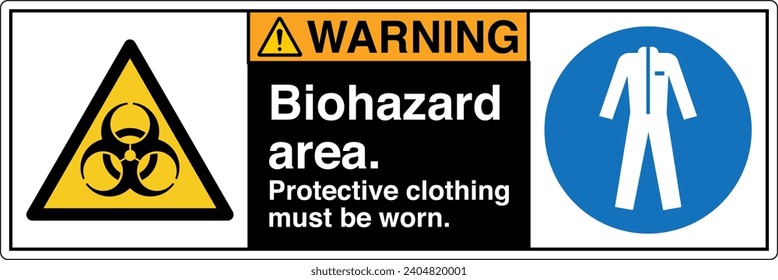 ANSI Z535 Safety Sign Marking Label Symbol Pictogram Standards Warning Biohazard area protective clothing must be worn two symbol with text landscape black 02