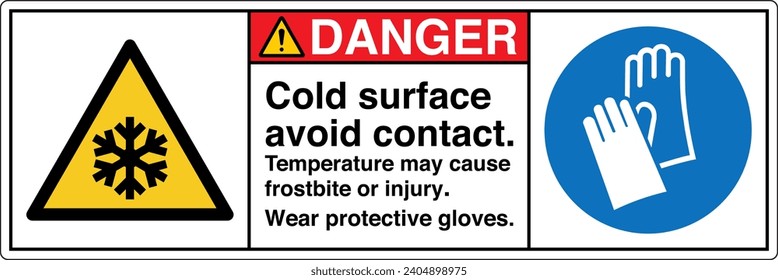 ANSI Z535 Safety Sign Marking Label Symbol Pictogram Standards Danger cold surface avoid contact temperature may cause frostbite or injury wear protective gloves two symbol with text landscape white 0