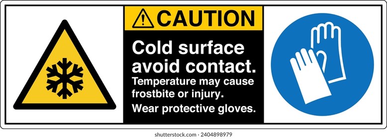 ANSI Z535 Safety Sign Marking Label Symbol Pictogram Standards Caution cold surface avoid contact temperature may cause frostbite or injury wear protective gloves two symbol with text landscape black 