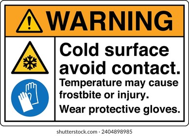 ANSI Z535 Safety Sign Marking Label Symbol Pictogram Standards Warning cold surface avoid contact temperature may cause frostbite or injury wear protective gloves two symbol with text landscape white