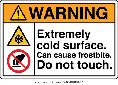 ANSI Z535 Safety Sign Marking Label Symbol Pictogram Standards Warning Extremely cold surface can cause frostbite do not touch two symbol with text landscape white