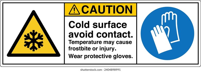 ANSI Z535 Safety Sign Marking Label Symbol Pictogram Standards Caution cold surface avoid contact temperature may cause frostbite or injury wear protective gloves two symbol with text landscape white 