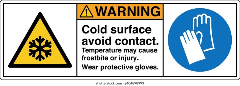 ANSI Z535 Safety Sign Marking Label Symbol Pictogram Standards Warning cold surface avoid contact temperature may cause frostbite or injury wear protective gloves two symbol with text landscape white 