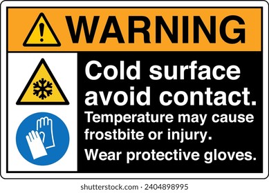 ANSI Z535 Safety Sign Marking Label Symbol Pictogram Standards Warning cold surface avoid contact temperature may cause frostbite or injury wear protective gloves two symbol with text landscape black