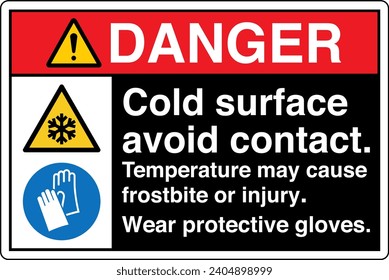 ANSI Z535 Safety Sign Marking Label Symbol Pictogram Standards Danger cold surface avoid contact temperature may cause frostbite or injury wear protective gloves two symbol with text landscape black