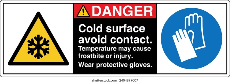 ANSI Z535 Safety Sign Marking Label Symbol Pictogram Standards Danger cold surface avoid contact temperature may cause frostbite or injury wear protective gloves two symbol with text landscape black 0