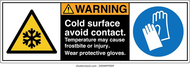 ANSI Z535 Safety Sign Marking Label Symbol Pictogram Standards Warning cold surface avoid contact temperature may cause frostbite or injury wear protective gloves two symbol with text landscape black 