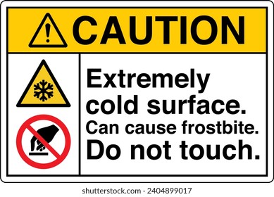 ANSI Z535 Safety Sign Marking Label Symbol Pictogram Standards Caution Extremely cold surface can cause frostbite do not touch two symbol with text landscape white