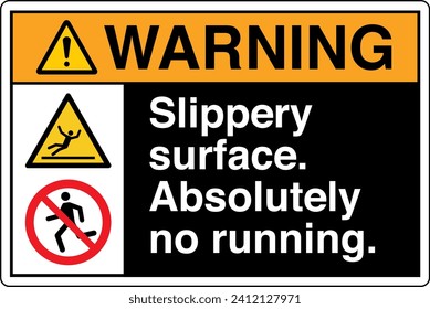 ANSI Z535 Safety Sign Marking Label Two Symbol Pictogram Standards Warning Fall Hazard Slippery Surface Absolutely No Running with Text Landscape Black