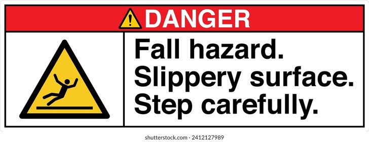 ANSI Z535 Safety Sign Marking Label Symbol Pictogram Standards Danger Fall Hazard Slippery Surface Step Carefully with Text Landscape White 02