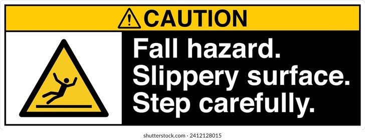 ANSI Z535 Safety Sign Marking Label Symbol Pictogram Standards Caution Fall Hazard Slippery Surface Step Carefully with Text Landscape Black 02