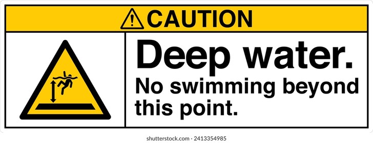 ANSI Z535 Safety Sign Marking Label Symbol Pictogram Standards Caution Deep Water No Swimming Beyond This Point with text landscape white 03.