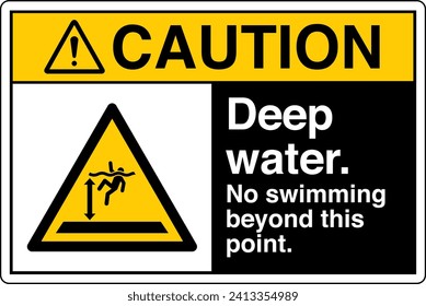 ANSI Z535 Safety Sign Marking Label Symbol Pictogram Standards Caution Deep Water No Swimming Beyond This Point with text landscape black.