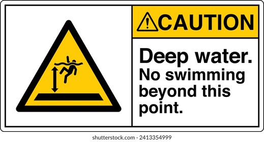 ANSI Z535 Safety Sign Marking Label Symbol Pictogram Standards Caution Deep Water No Swimming Beyond This Point with text landscape white 02.