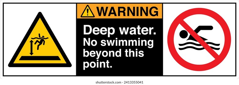 ANSI Z535 Safety Sign Marking Label Two Symbol Pictogram Standards Warning Deep Water No Swimming Beyond This Point with text landscape black 02.eps
