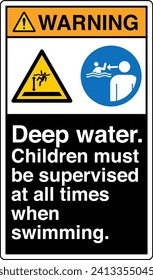 ANSI Z535 Safety Sign Marking Label Two Symbol Pictogram Standards Warning Deep water Children must be supervised at all times when swimming with text portrait black.eps

