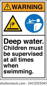 ANSI Z535 Safety Sign Marking Label Two Symbol Pictogram Standards Warning Deep water Children must be supervised at all times when swimming with text portrait white.eps
