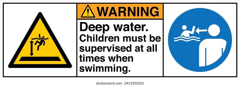ANSI Z535 Safety Sign Marking Label Two Symbol Pictogram Standards Warning Deep water Children must be supervised at all times when swimming with text landscape white 02.eps
